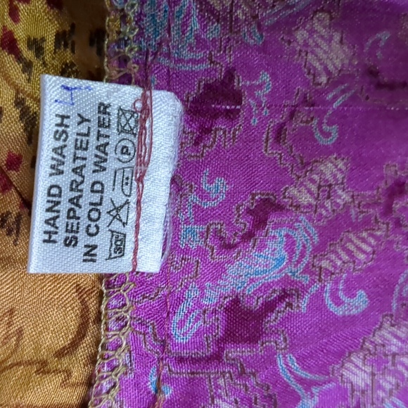 100% SILK kimono duster jacket tie front purple orange and yellow gold w/floral - Picture 9 of 12